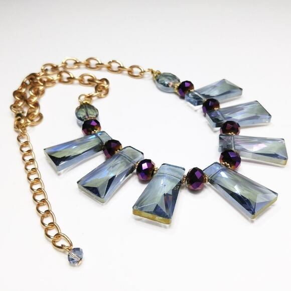 Blue Crystal Choker Necklace, Purple Beads, Gold Tone Chain, 21 Inches - Picture 7 of 8